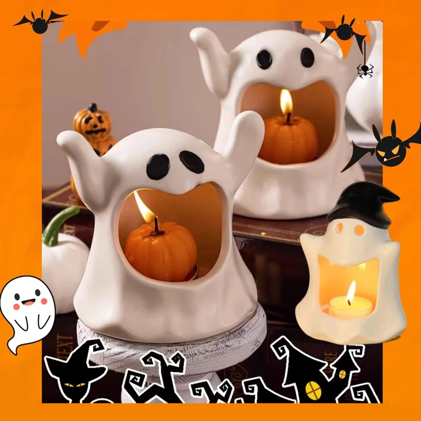 Glow-in-the-Dark Haunted Candle Holder Kit: DIY Spooky Ghost & Pumpkin Air Dry Clay Craft